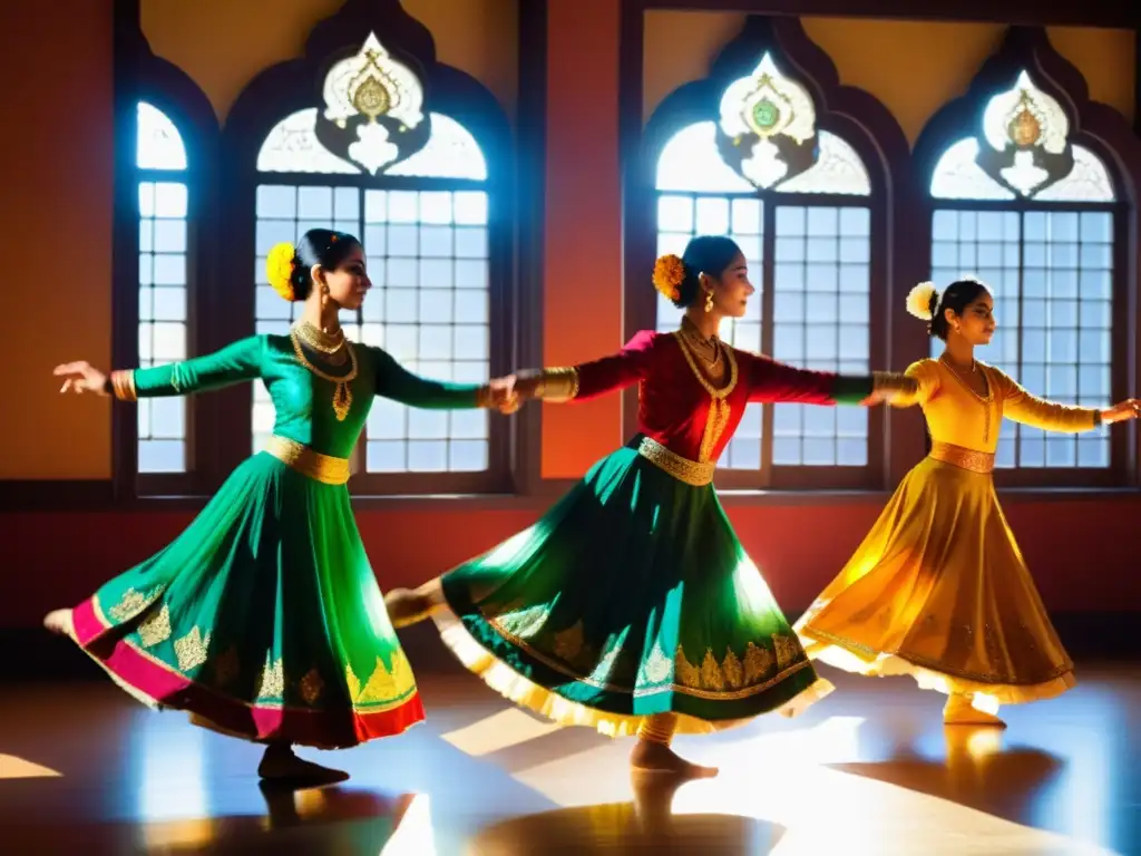 Grupo de bailarines de Kathak con trajes vibrantes, moviéndose graciosamente en un estudio de danza antiguo mientras la luz del sol crea sombras dramáticas