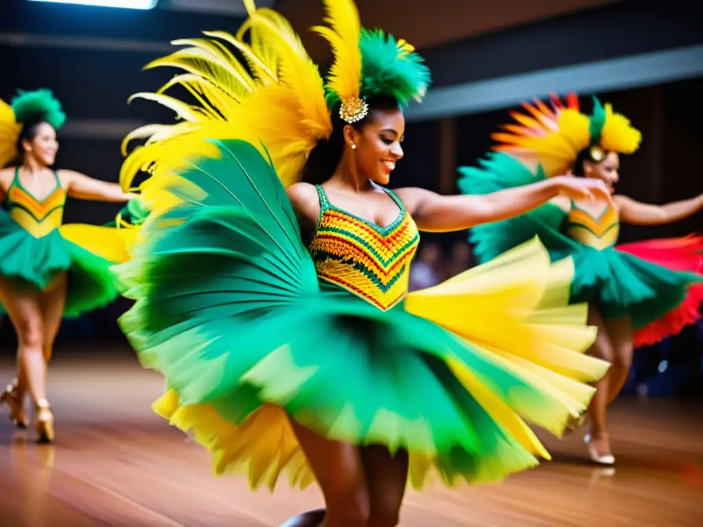 Grupo de bailarines con trajes vibrantes y plumas, danzando al ritmo de la samba brasileña