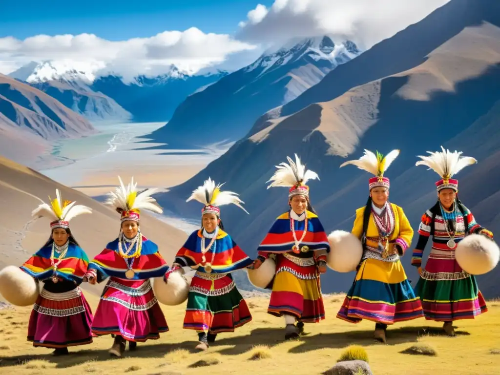 Grupo de bailarines Aymara en trajes vibrantes danzando con gracia y precisión en las majestuosas montañas andinas