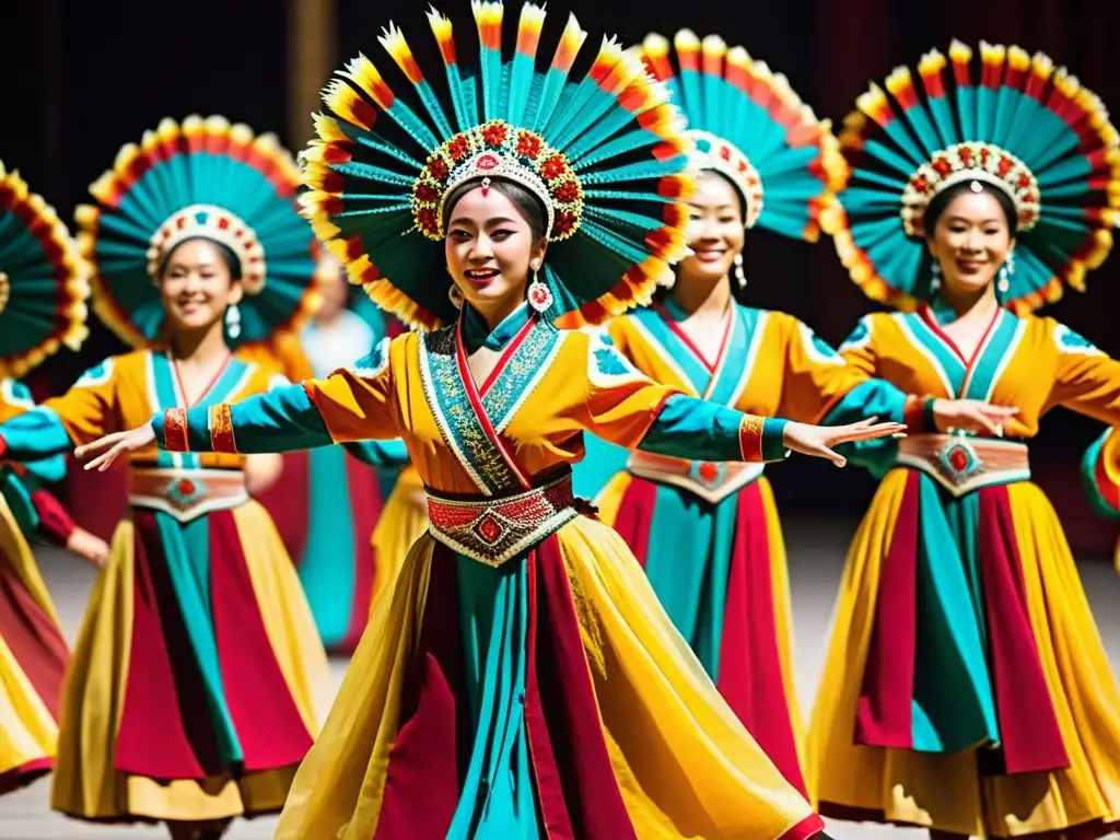 Grupo de bailarines con trajes vibrantes en la danza mil manos Guanyin, transmitiendo gracia divina y significado cultural