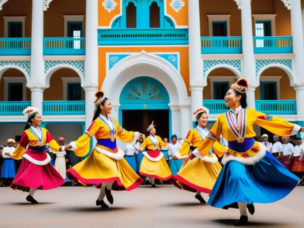 Grupo de bailarines en trajes vibrantes frente a edificio histórico, capturando la importancia de la danza tradicional