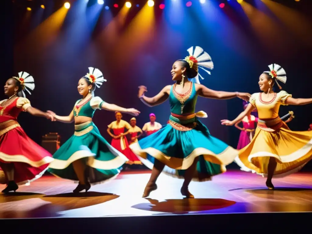 Grupo de bailarines en trajes vibrantes y músicos tocando instrumentos tradicionales en escenario, integrando música en danzas tradicionales