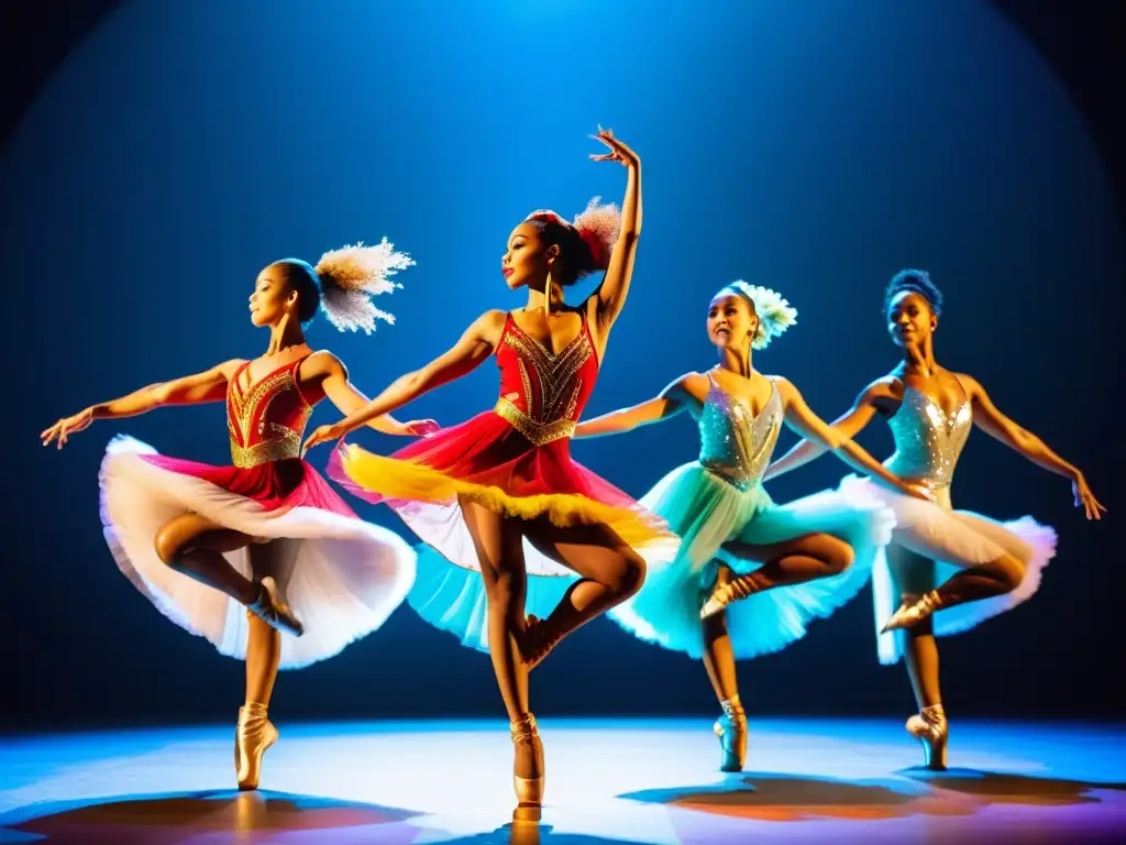 Grupo de bailarines en sincronía, con trajes vibrantes y expresiones apasionadas, durante una coreografía dinámica