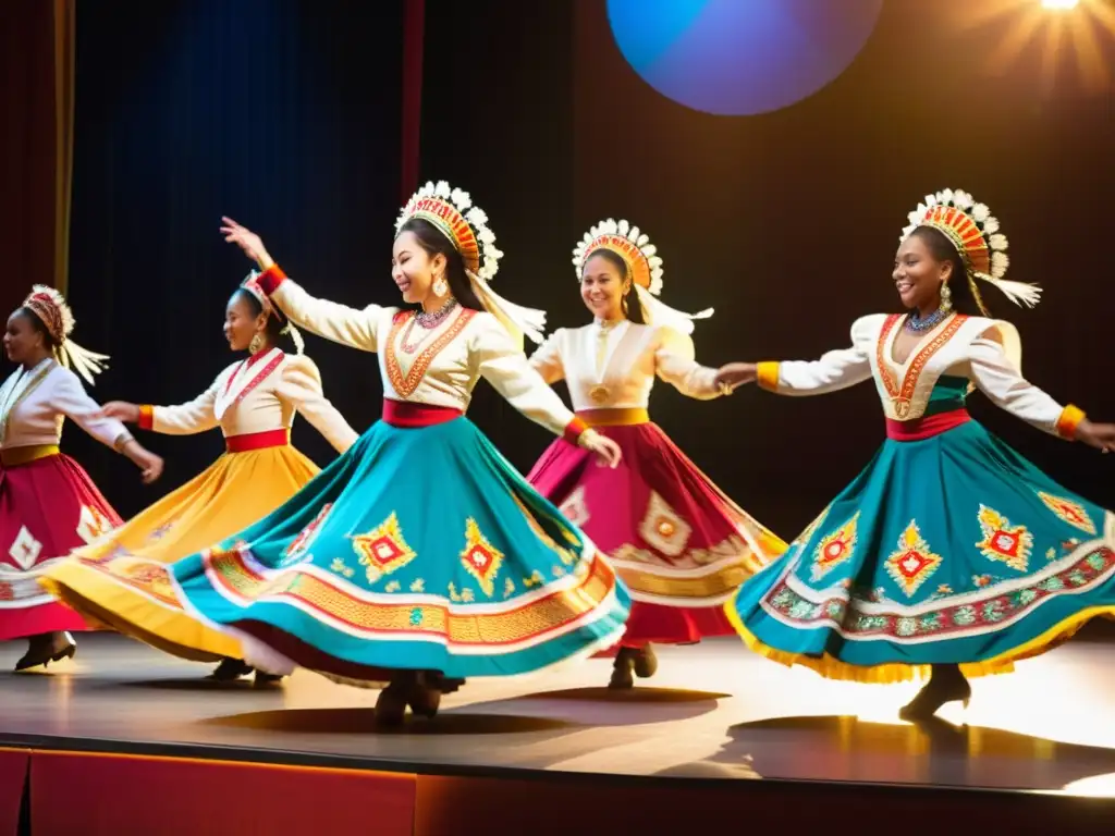 Grupo de bailarines con trajes vibrantes y detallados, danzando en un escenario soleado, cautivando a la multitud con la riqueza cultural