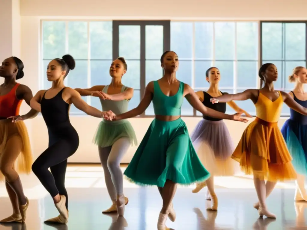 Un grupo de bailarines diversos viste trajes vibrantes, unidos en círculo con los ojos cerrados, manos entrelazadas