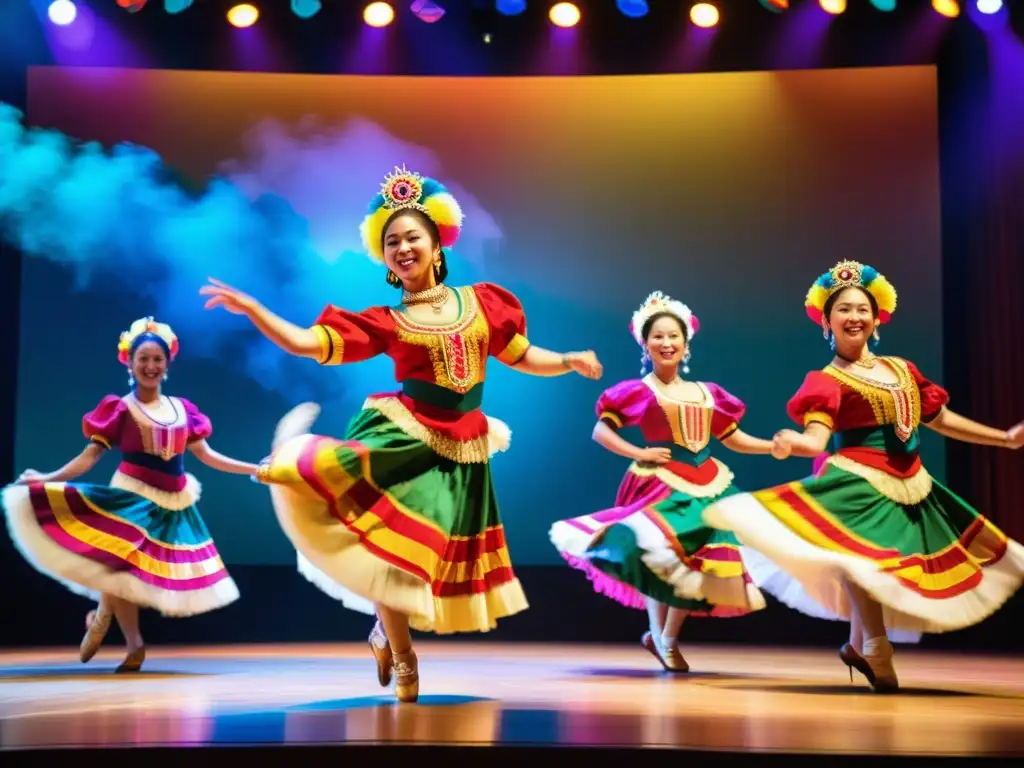 Un grupo de bailarines en trajes vibrantes ejecutando una rutina llena de energía en un escenario decorado con colores vivos