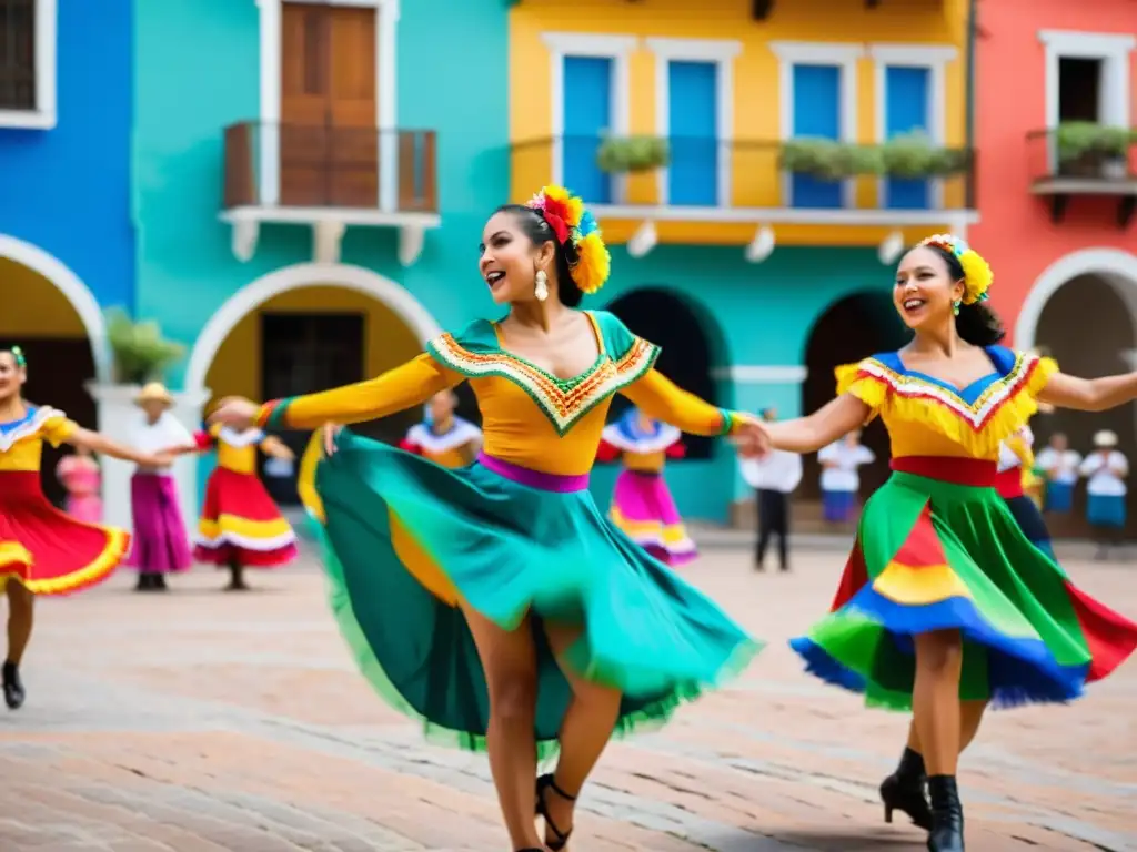 Grupo de bailarines en trajes vibrantes ejecutan danzas tradicionales en el corazón de América Latina