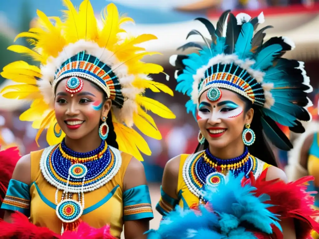 Grupo de bailarines con trajes vibrantes y plumas, en un festival cultural