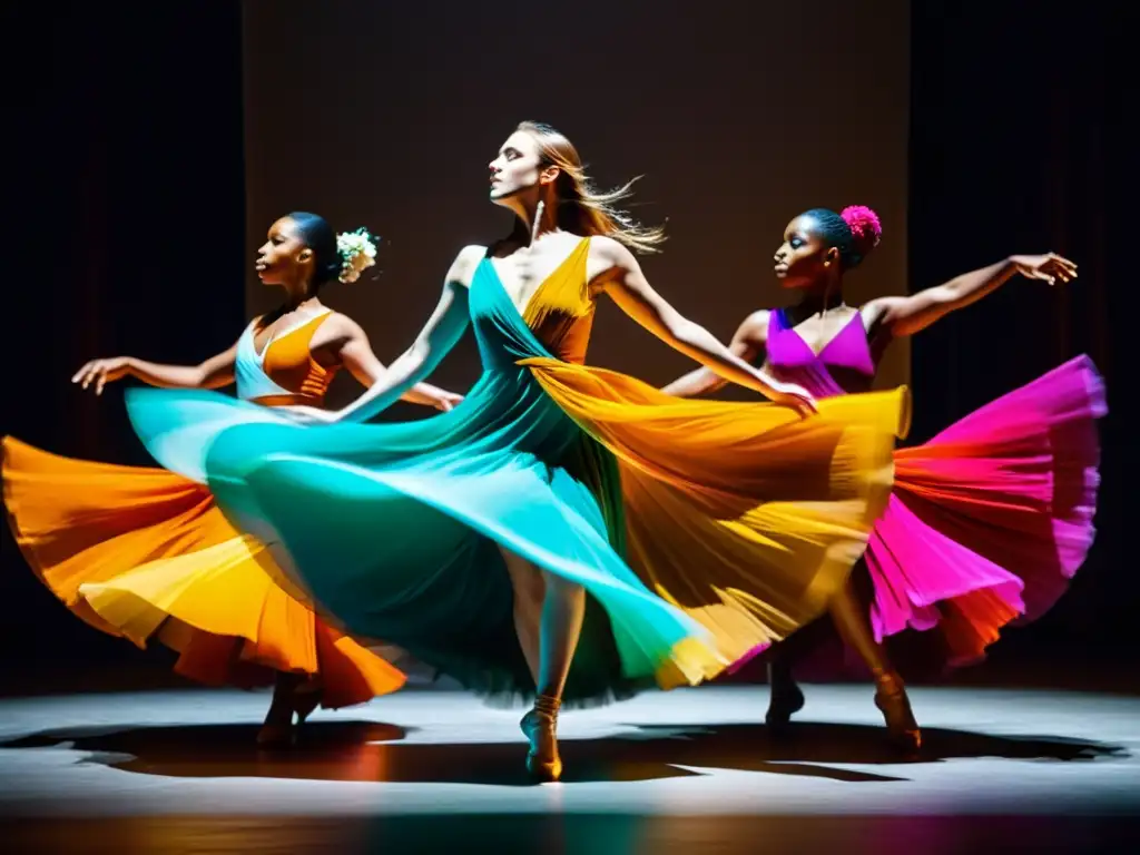 Grupo de bailarines con trajes vibrantes y movimientos dinámicos en un escenario