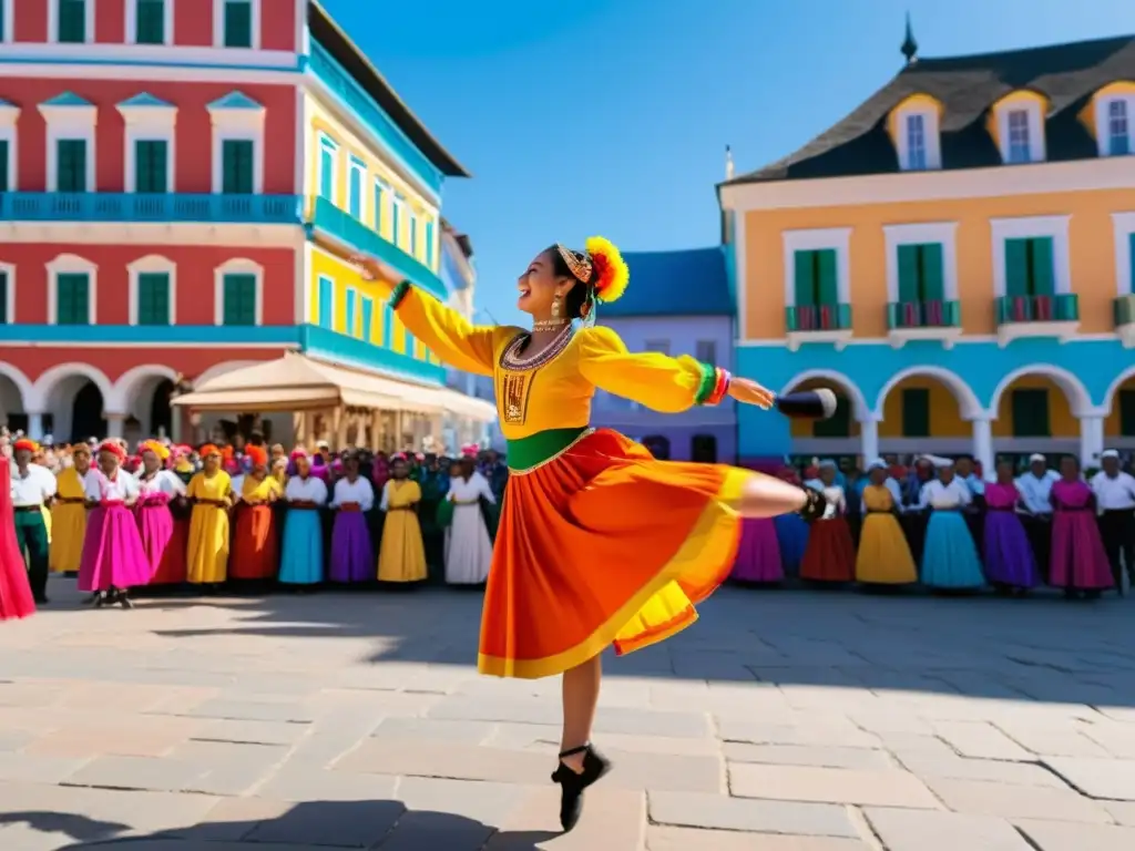 Grupo de bailarines en trajes vibrantes realizando espectáculo en la plaza de un pueblo