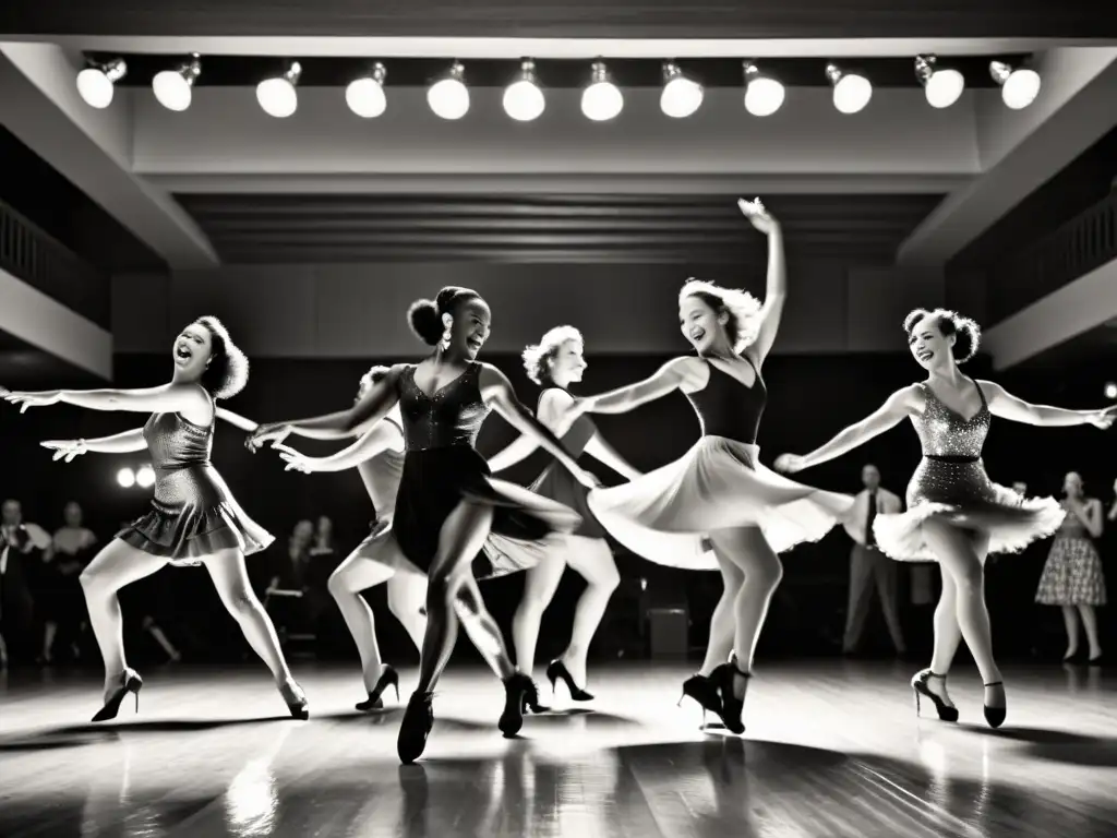 Un grupo de bailarines en trajes vintage ejecutando una compleja rutina de Boogiewoogie en un animado club de jazz