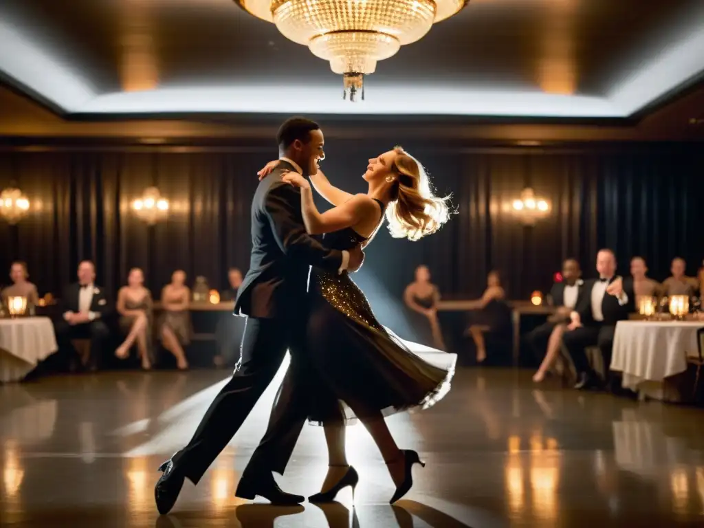 Grupo de bailarines en trajes vintage de jazz girando y moviéndose con pasión en una pista de baile iluminada