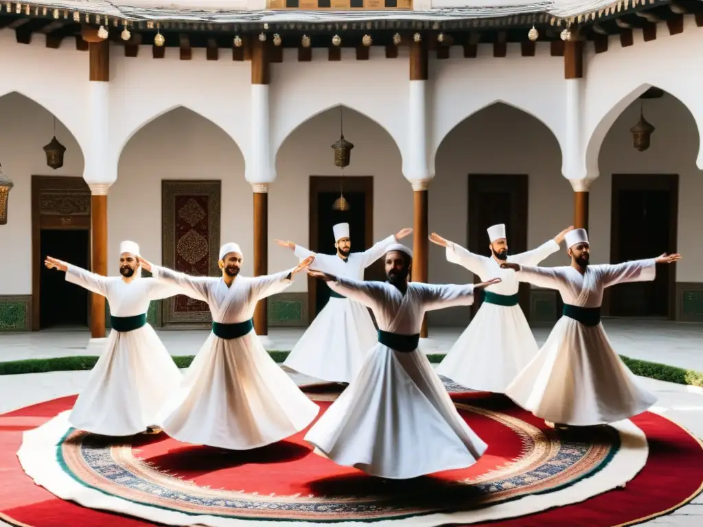 Grupo de bailarines Sufi en trance, girando en un patio soleado en Konya, Turquía, en el Festival Sufi danza Konya significado