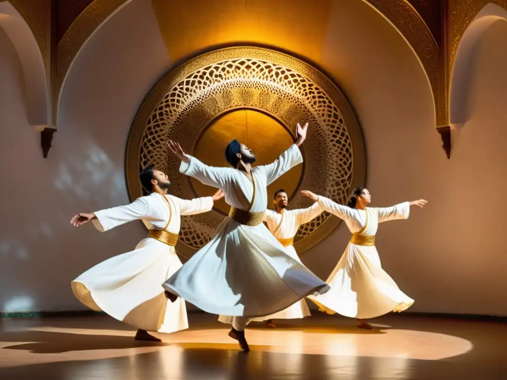 Grupo de bailarines Sufi en trance, creando un patrón hipnótico con sus túnicas blancas en una antigua sala decorada