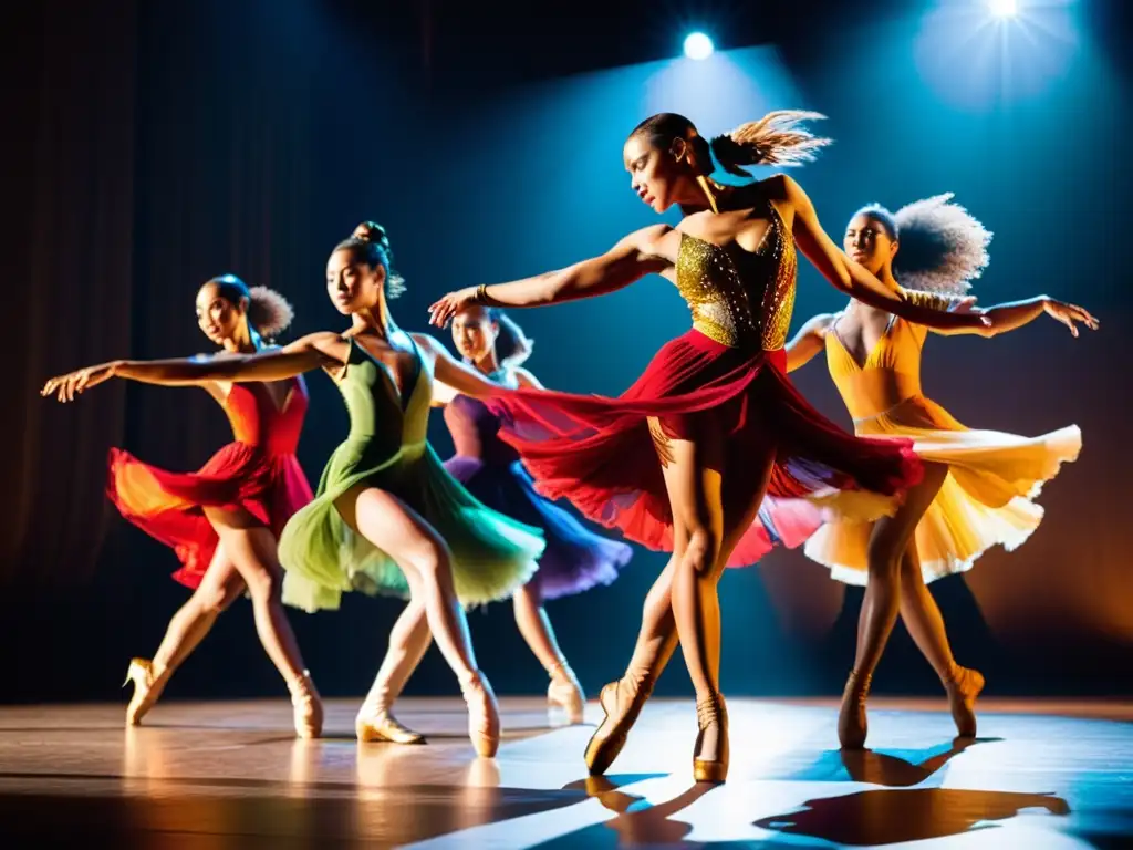 Grupo de bailarines expresando comunicación a través de la danza con movimientos y trajes vibrantes, iluminados por una cálida luz en el escenario