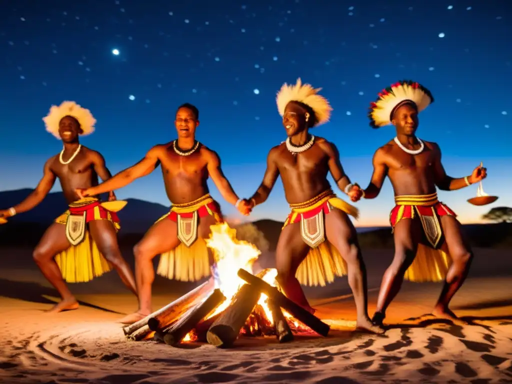 Grupo de bailarines tribales africanos danzando alrededor de una fogata bajo el cielo estrellado