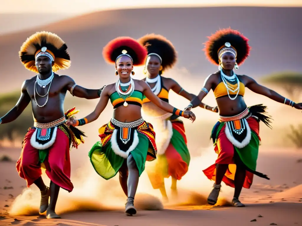 Grupo de bailarines tribales africanos en danza vibrante, expresando la pasión y significado cultural en la savana