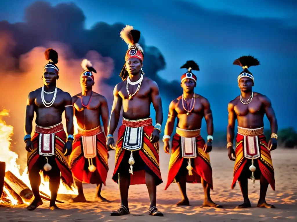 Grupo de bailarines tribales africanos danzando alrededor de una fogata bajo la luna