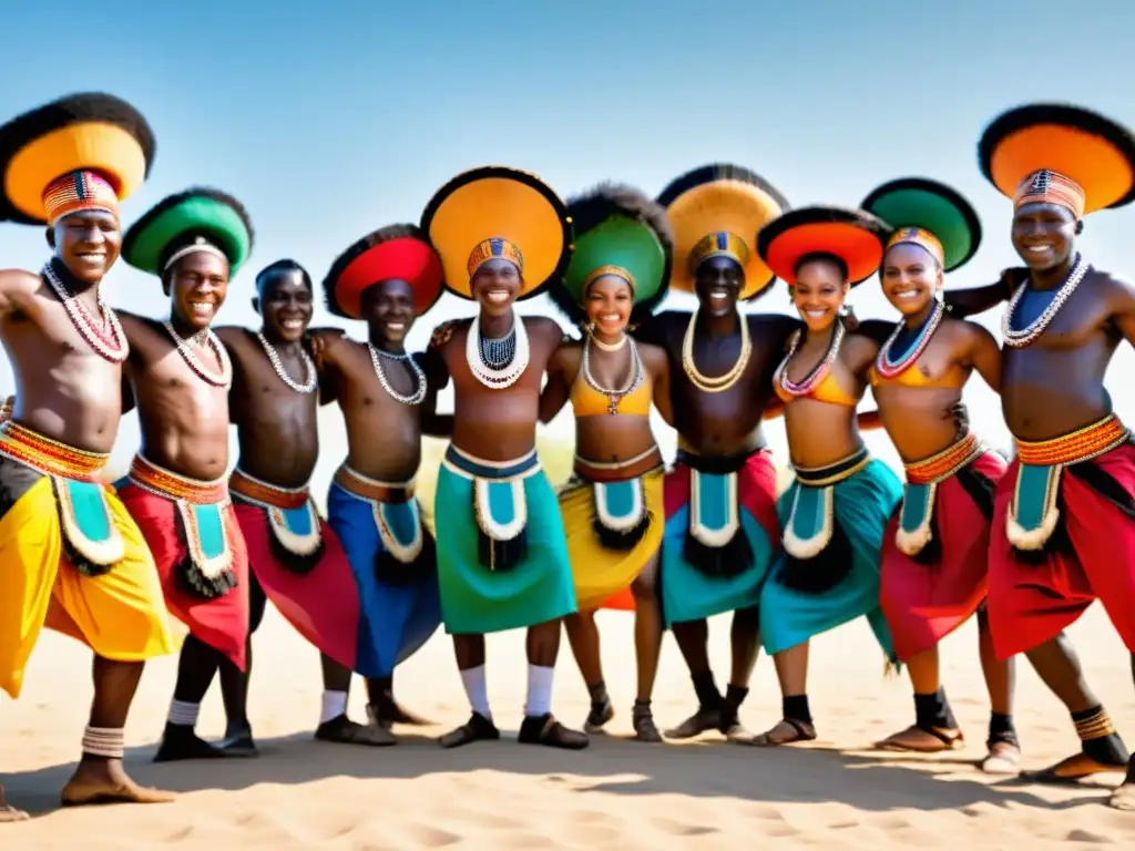 Grupo de bailarines tribales africanos danzando en armonía, expresando la rica herencia cultural y espiritual de la danza tribal en África