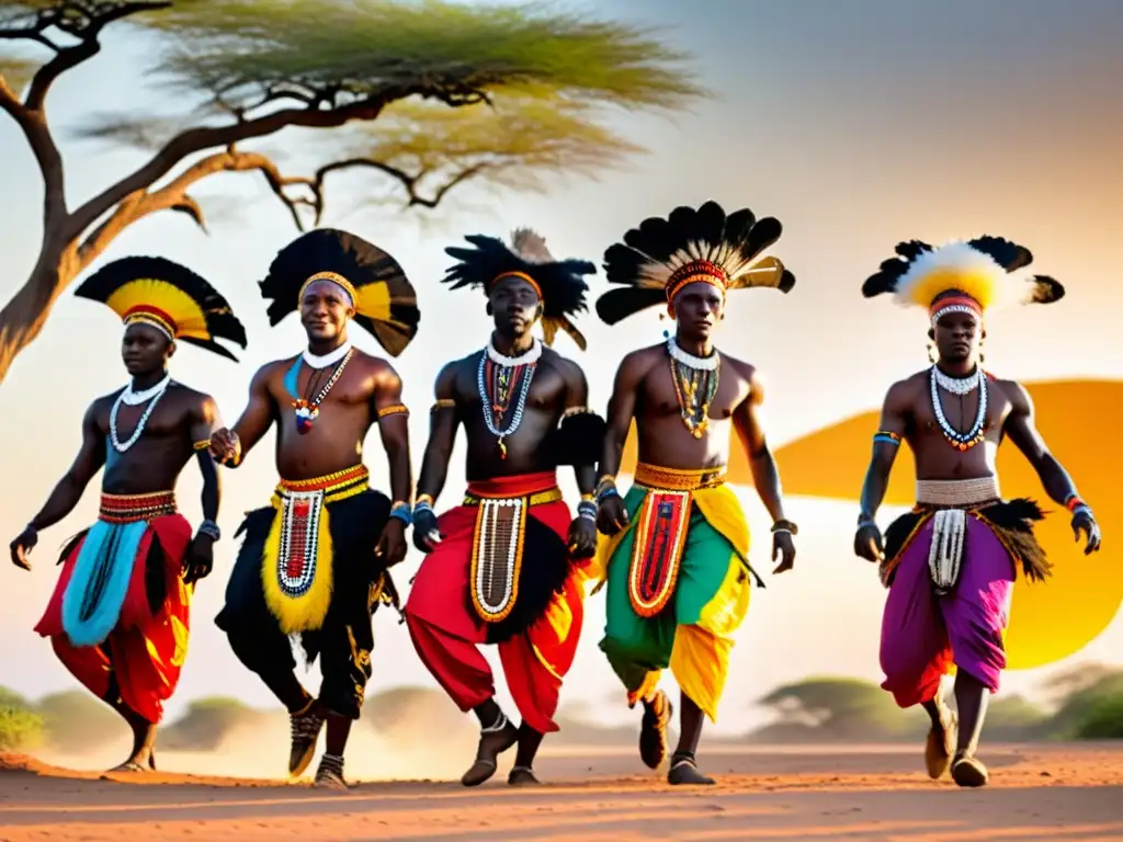 Grupo de bailarines tribales africanos danzando al atardecer en la sabana, expresando la rica herencia cultural de las danzas tribales en África