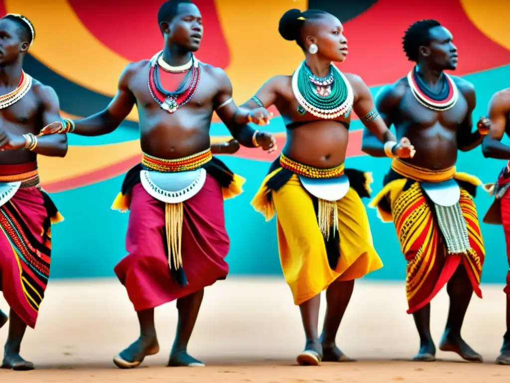 Grupo de bailarines tribales africanos en coloridos trajes tradicionales, danzando al ritmo del Afrobeat con conexión a la tierra y comunidad