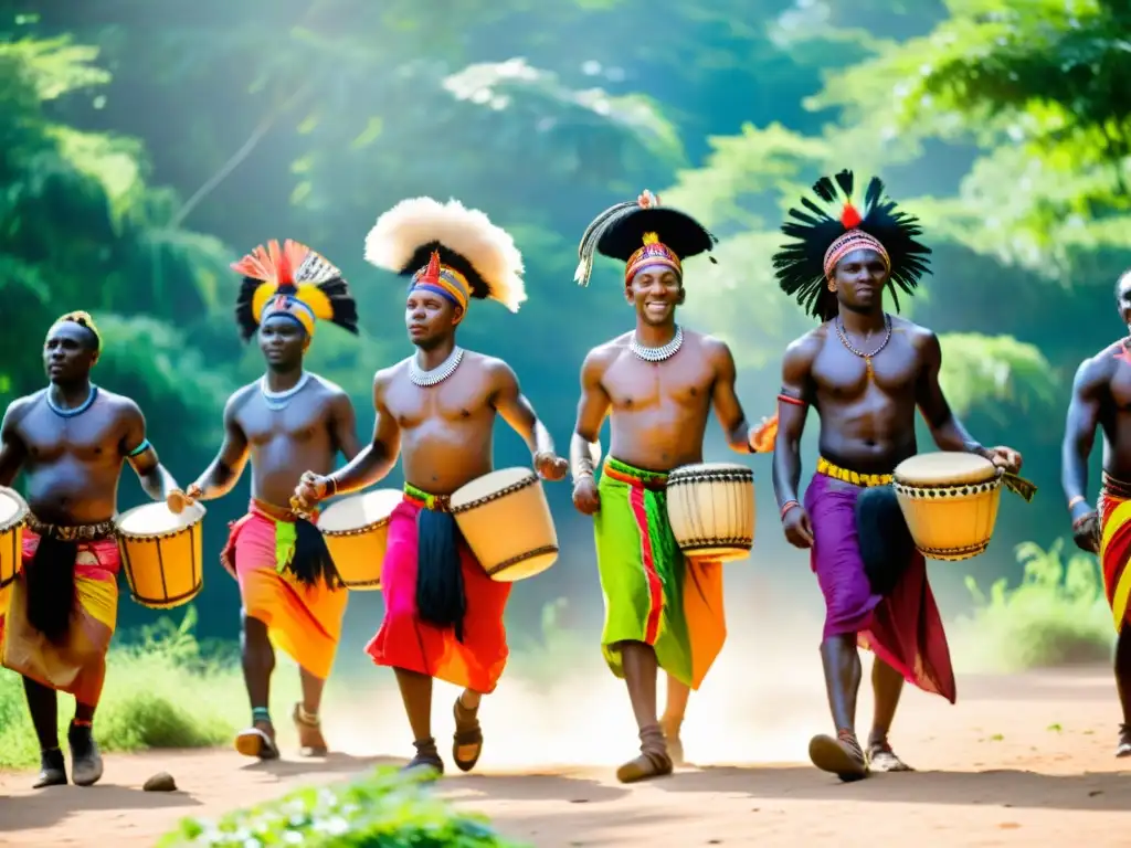 Un grupo de bailarines tribales africanos danzando con gracia y energía en un claro soleado, rodeados de exuberante vegetación