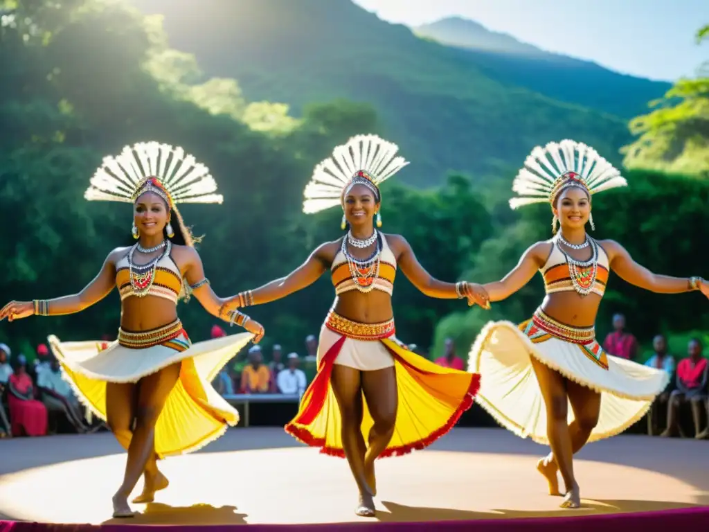 Un grupo de bailarines tribales contemporáneos en un escenario al aire libre, con trajes vibrantes y movimientos fluidos