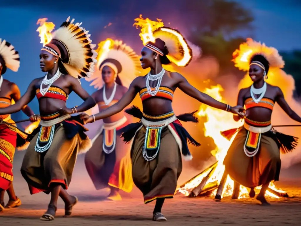 Grupo de bailarines tribales en África danzando alrededor de una fogata bajo el cielo estrellado