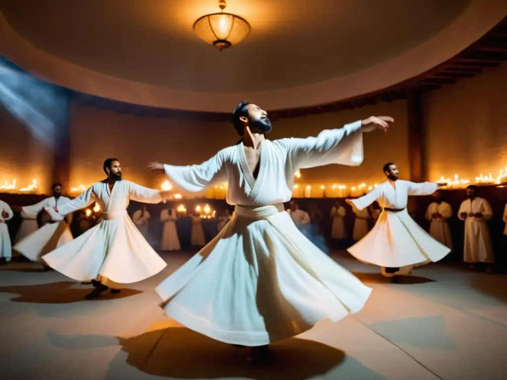 Grupo de bailarines Sufi en túnicas blancas girando en un salón tenue, creando un remolino hipnótico