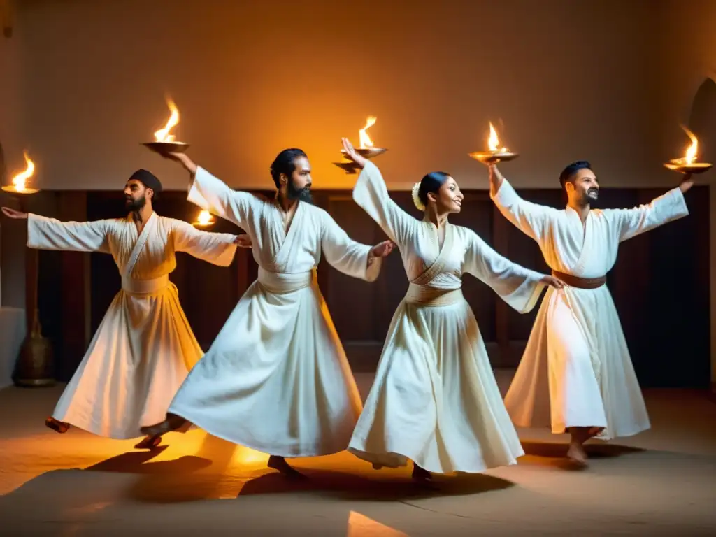 Grupo de bailarines sufí con túnicas blancas girando en círculo, iluminados por luz de velas