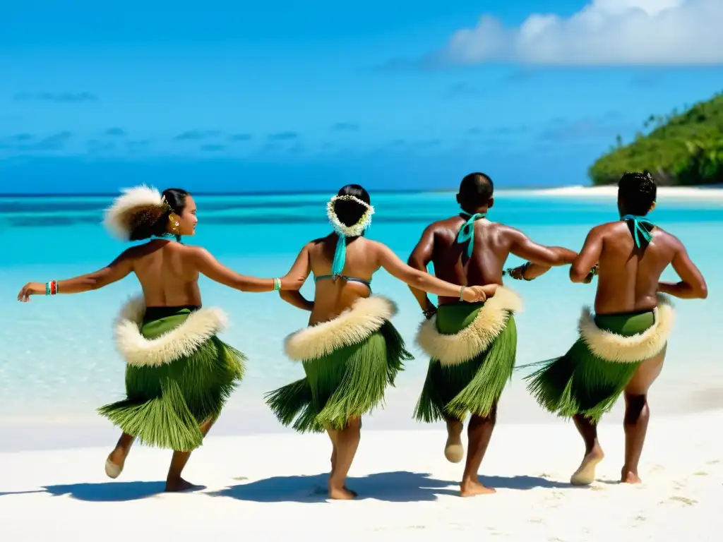 Grupo de bailarines de Tuvalu ejecutando danza tradicional en la playa al ritmo de la música, con el océano de fondo