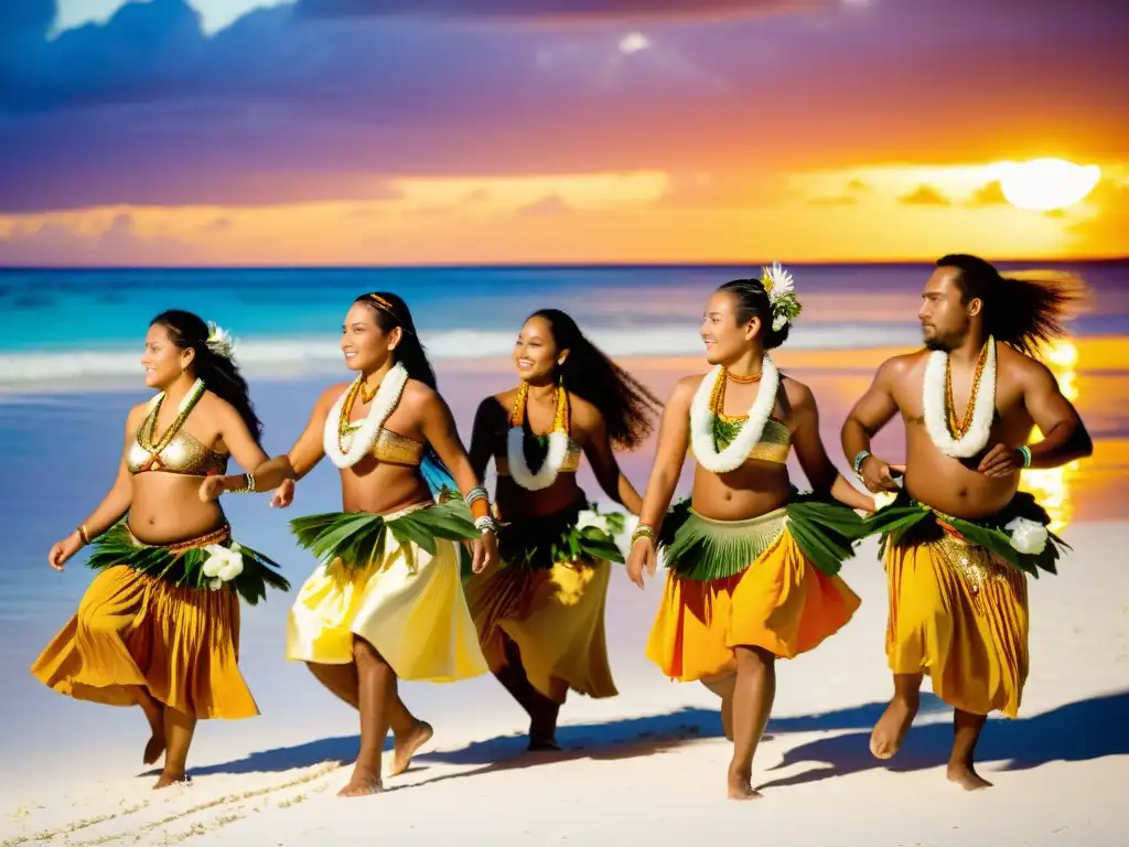 Grupo de bailarines de Tuvalu en la playa al atardecer, expresando el significado cultural de la danza en Tuvalu