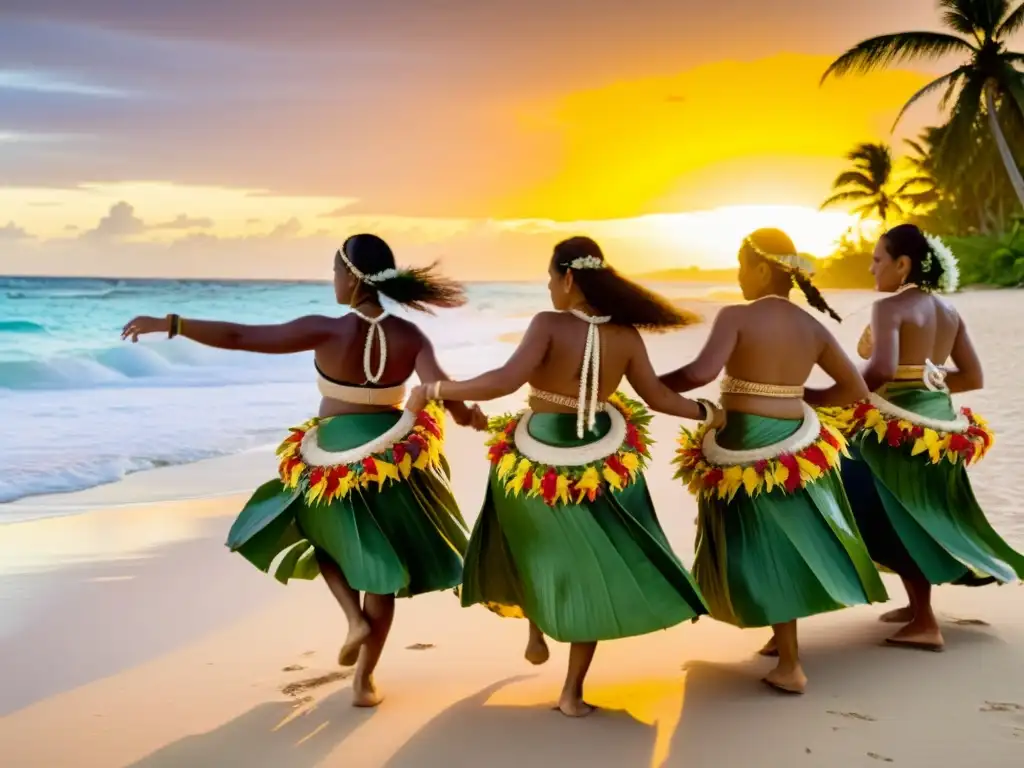 Un grupo de bailarines tuvaluanos ejecuta una danza tradicional al atardecer en la playa, con trajes y leis florales