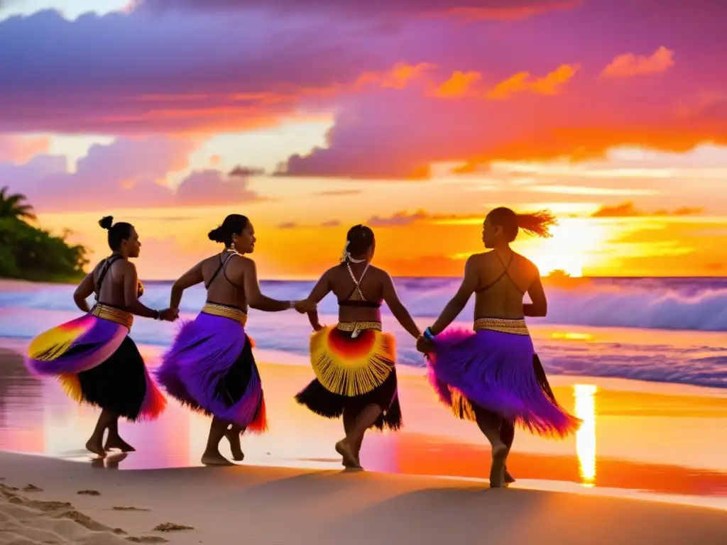 Grupo de bailarines tuvaluanos ejecutando danza tradicional en la playa al atardecer