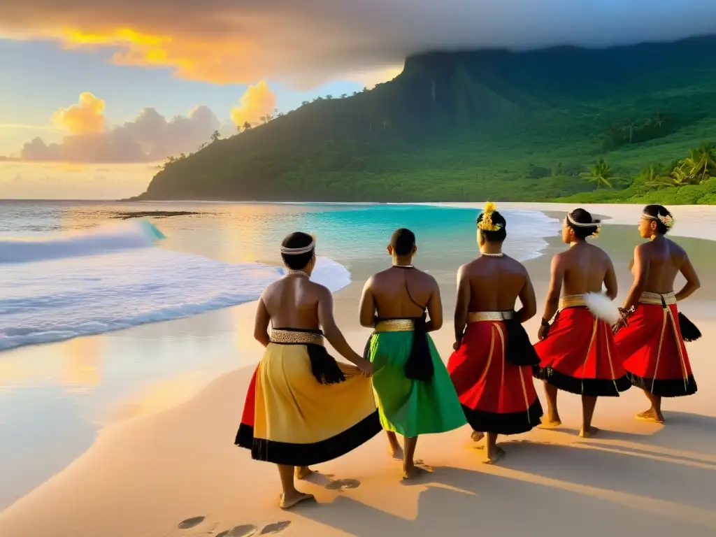 Grupo de bailarines tuvaluanos ejecutando música tradicional en la playa al atardecer, transmitiendo la esencia de la música en las danzas de Tuvalu