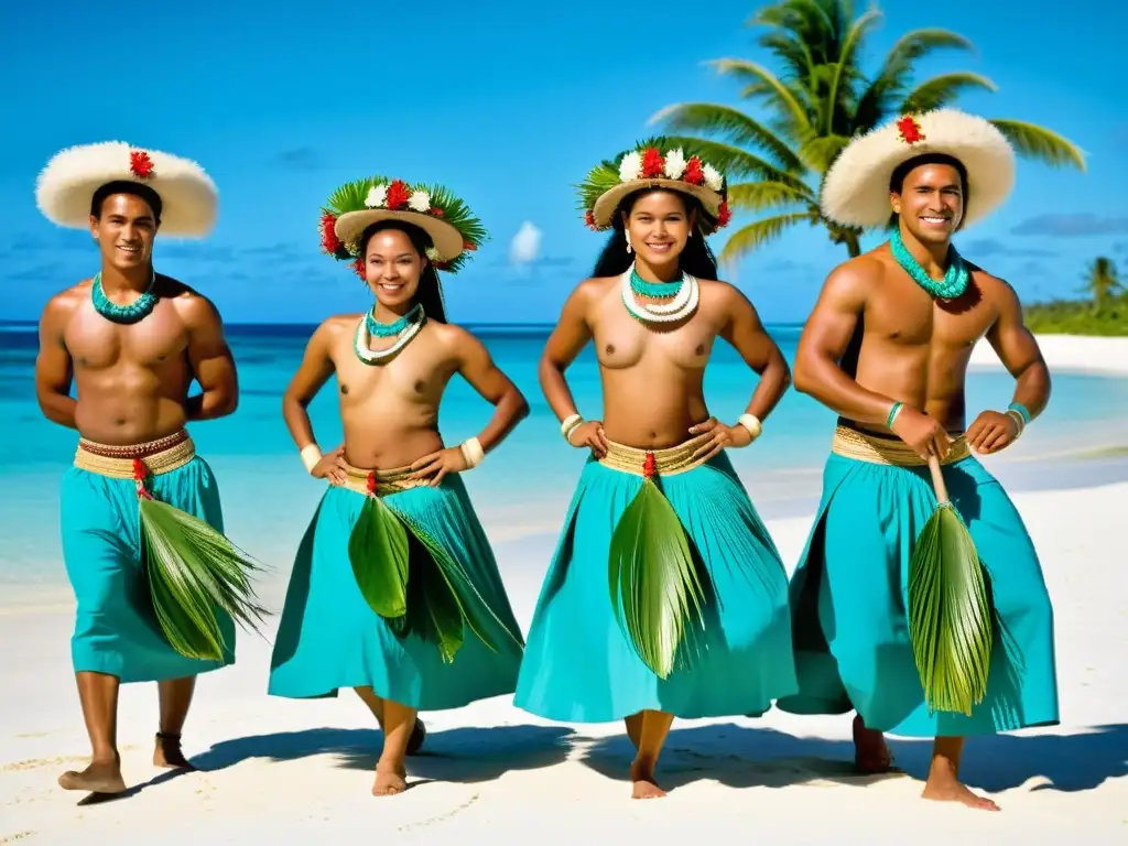 Grupo de bailarines tuvaluanos, con trajes tradicionales, danzan al ritmo de la música en las playas de Tuvalu al atardecer