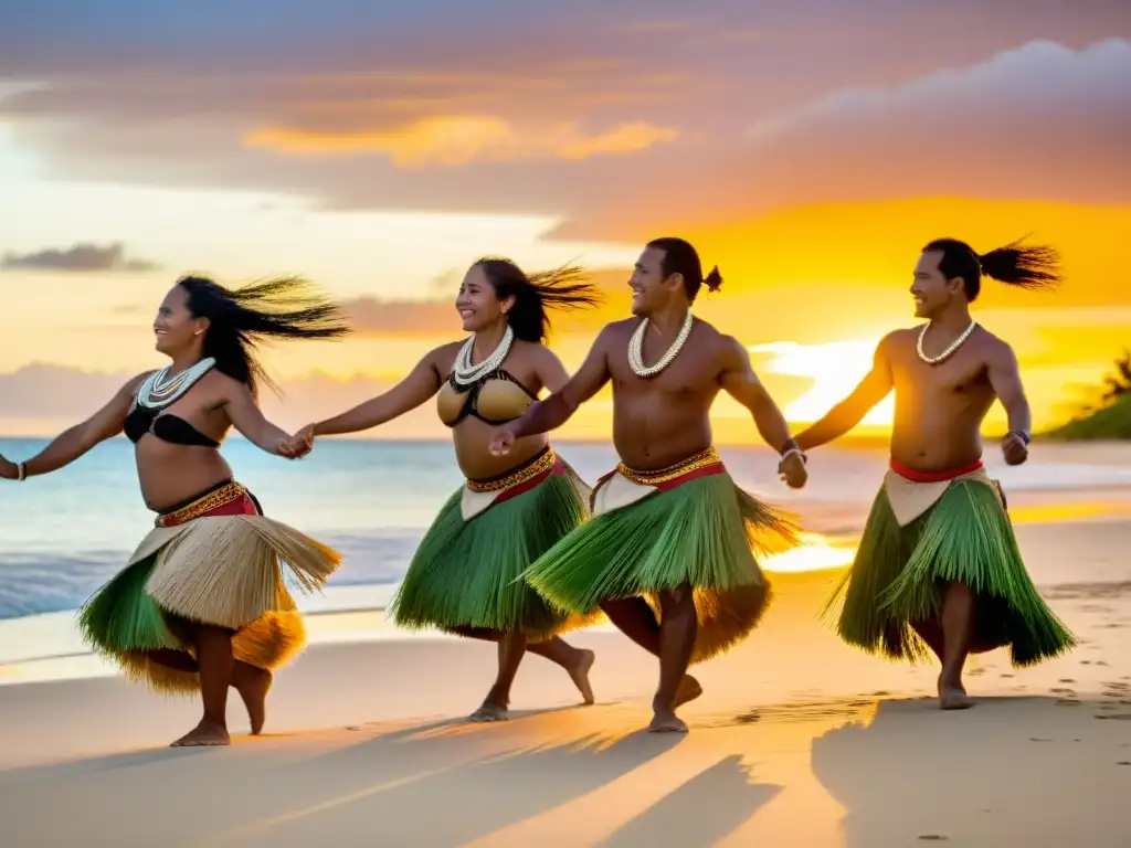 Grupo de bailarines tuvaluanos en trajes tradicionales, danzando en la playa al atardecer