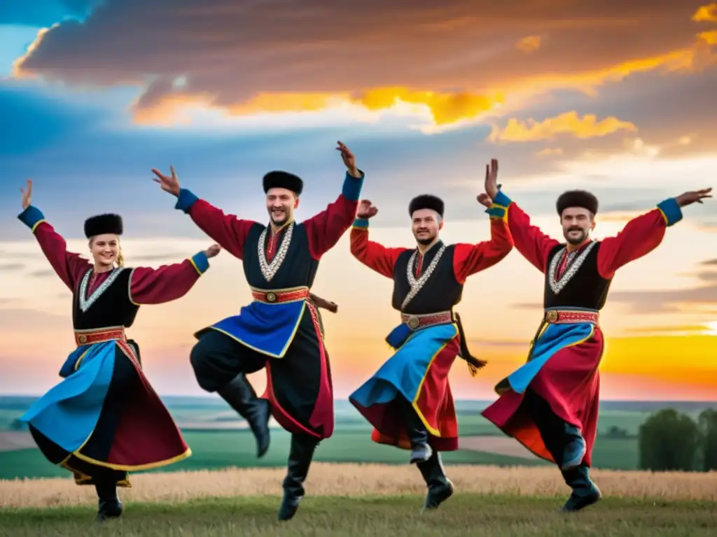 Grupo de bailarines ucranianos Cossack Dance en salto durante atardecer vibrante en la campiña, expresión feroz y trajes tradicionales