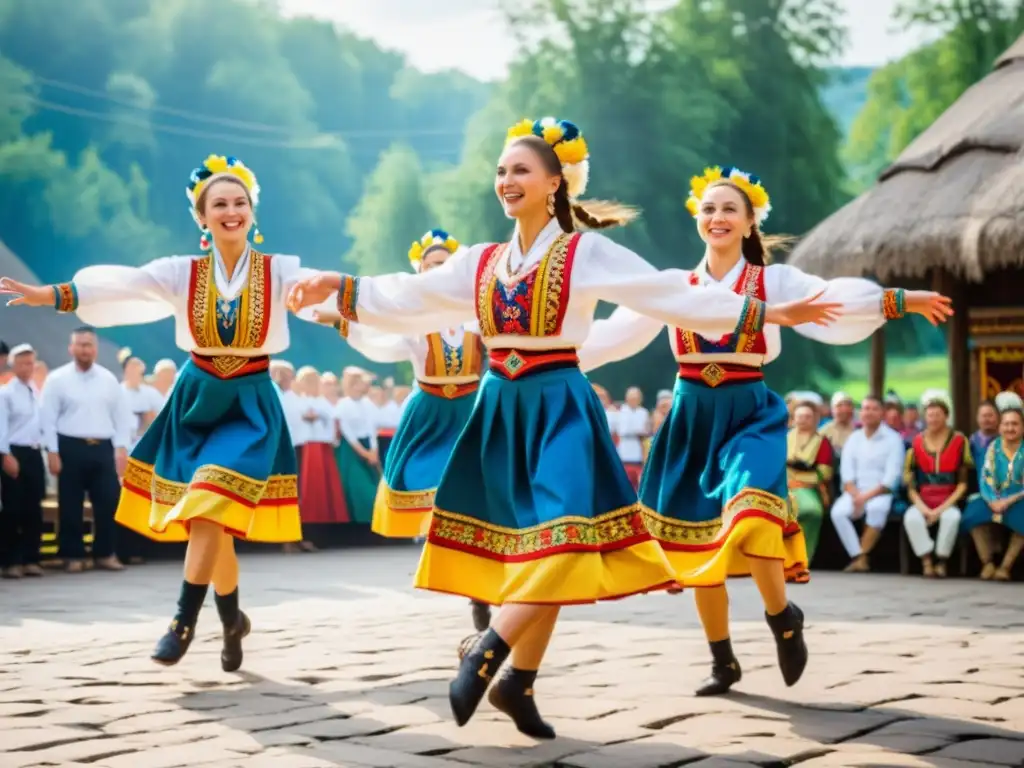 Grupo de bailarines ucranianos ejecutando el dinámico Hopak