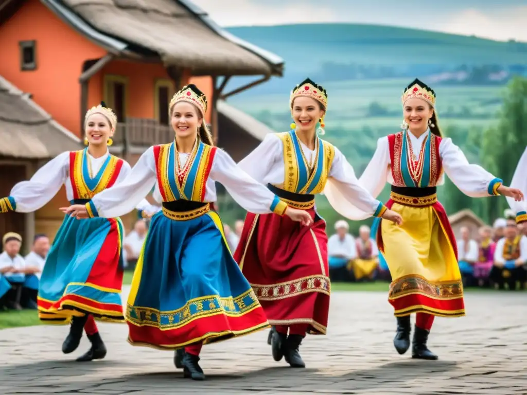 Grupo de bailarines ucranianos realiza el enérgico Hopak en trajes coloridos, mostrando el significado cultural del Hopak ucraniano