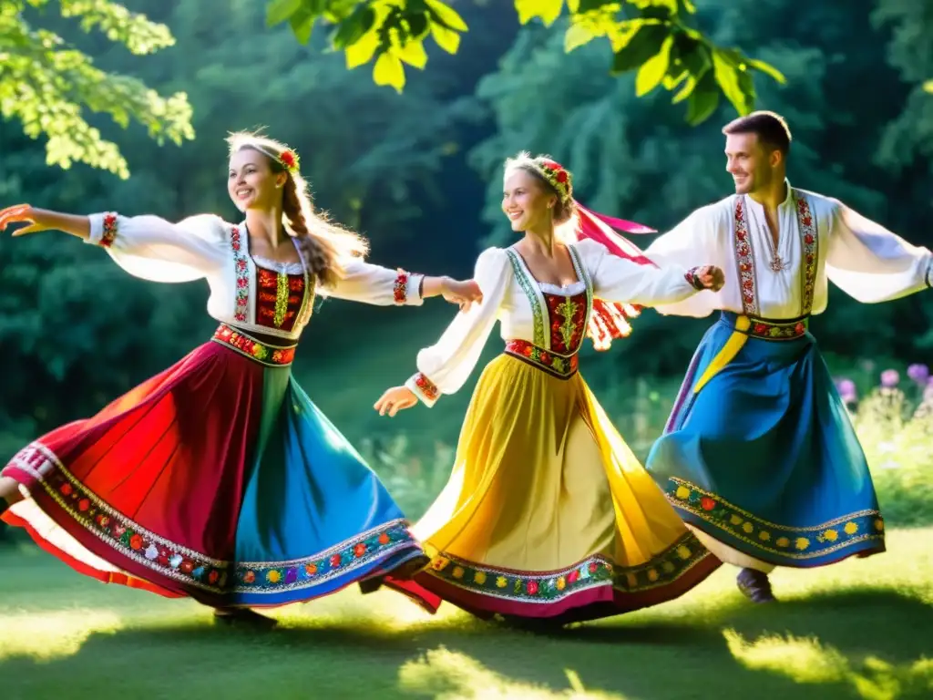 Un grupo de bailarines ucranianos en trajes tradicionales bordados, bailando con energía y destreza en medio de la naturaleza, capturando la esencia del Hopak