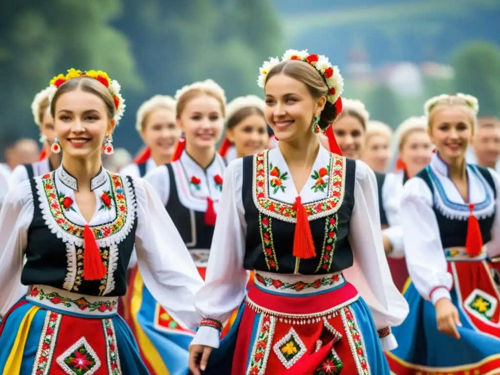 Grupo de bailarines ucranianos en trajes tradicionales bordados, expresando el significado cultural de la vestimenta en la danza ucraniana