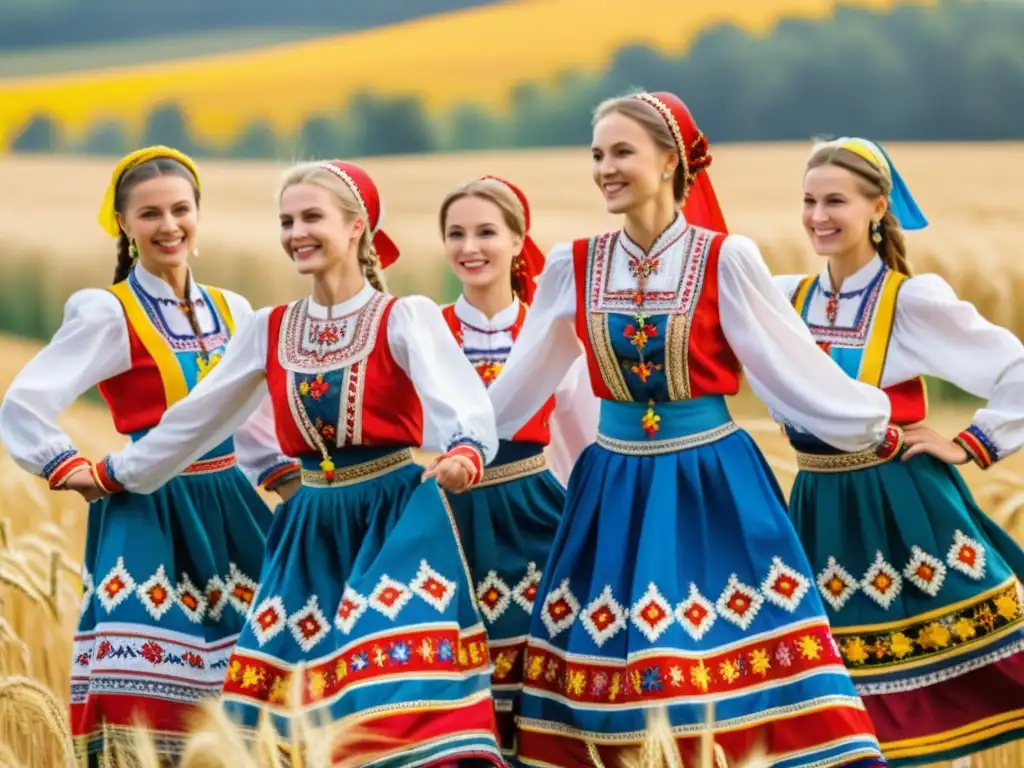 Grupo de bailarines ucranianos en trajes bordados realizan danza en campo de trigo, evocando significado cultural vestimenta ucraniana danza