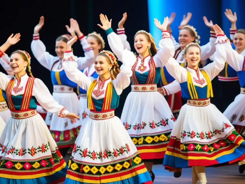 Un grupo de bailarines ucranianos con trajes tradicionales, moviéndose al compás de la música mientras la vestimenta tradicional captura el significado cultural de la danza ucraniana