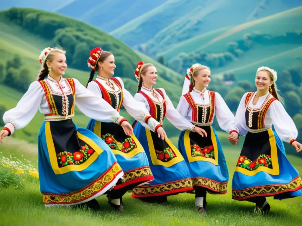 Grupo de bailarines ucranianos con trajes tradicionales coloridos y bordados, expresando el significado cultural de la vestimenta ucraniana en la danza folclórica