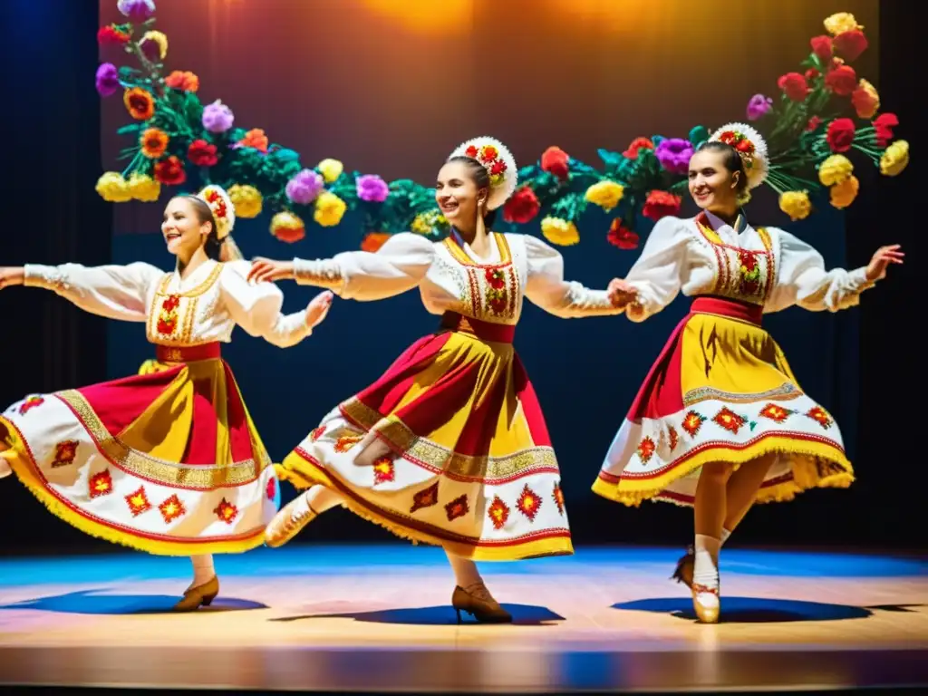 Grupo de bailarines ucranianos en trajes tradicionales realizando el dinámico baile Hopak en un escenario decorado con flores