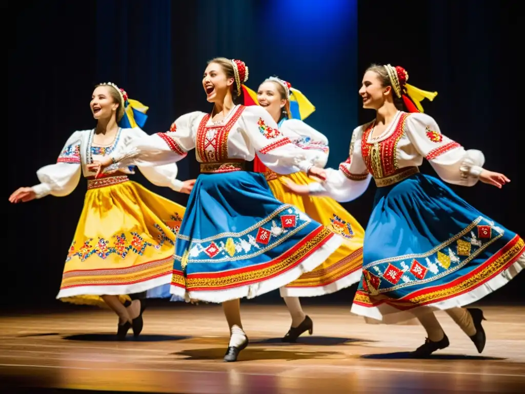 Un grupo de bailarines ucranianos vistiendo trajes tradicionales bordados, ejecutando un enérgico Hopak