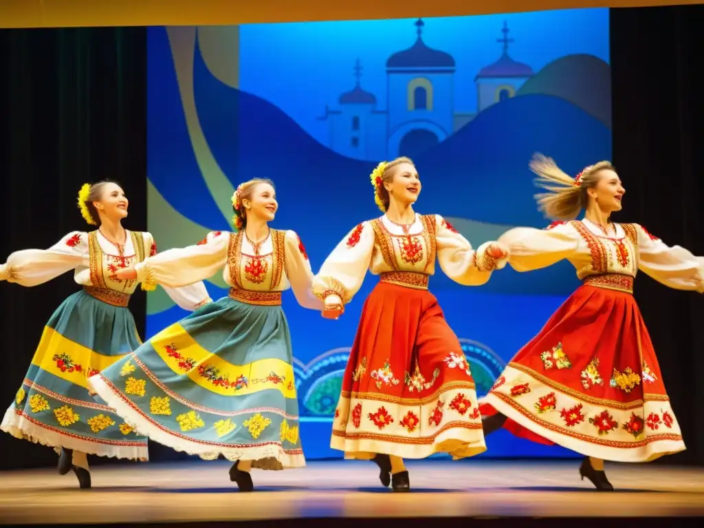 Grupo de bailarines ucranianos en trajes folclóricos, conservación de la danza folk ucraniana