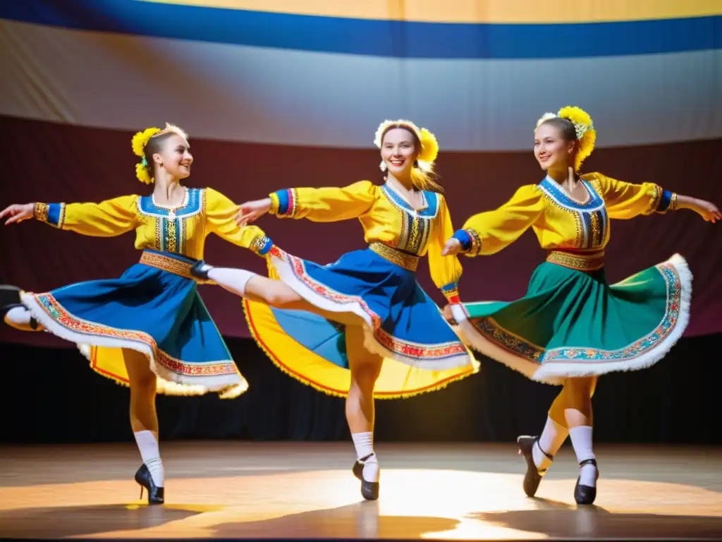 Grupo de bailarines ucranianos con trajes tradicionales realizando movimientos precisos en un escenario soleado