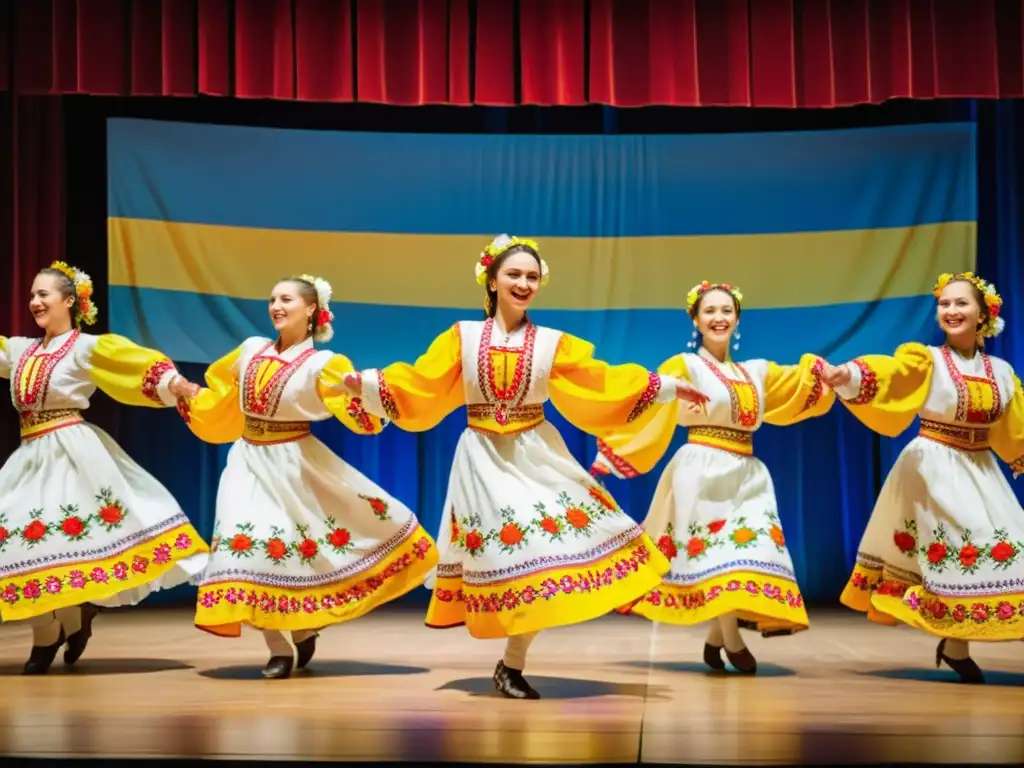 Grupo de bailarines ucranianos con trajes bordados, danza folclórica ucraniana llena de significado cultural y belleza tradicional